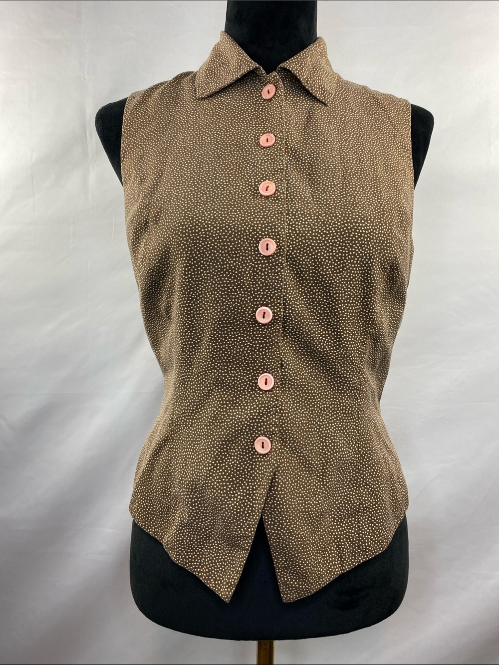 Vintage Y2K Finity Silk Polka Dot Vest Brown Pink Buttons Tailored Size 8